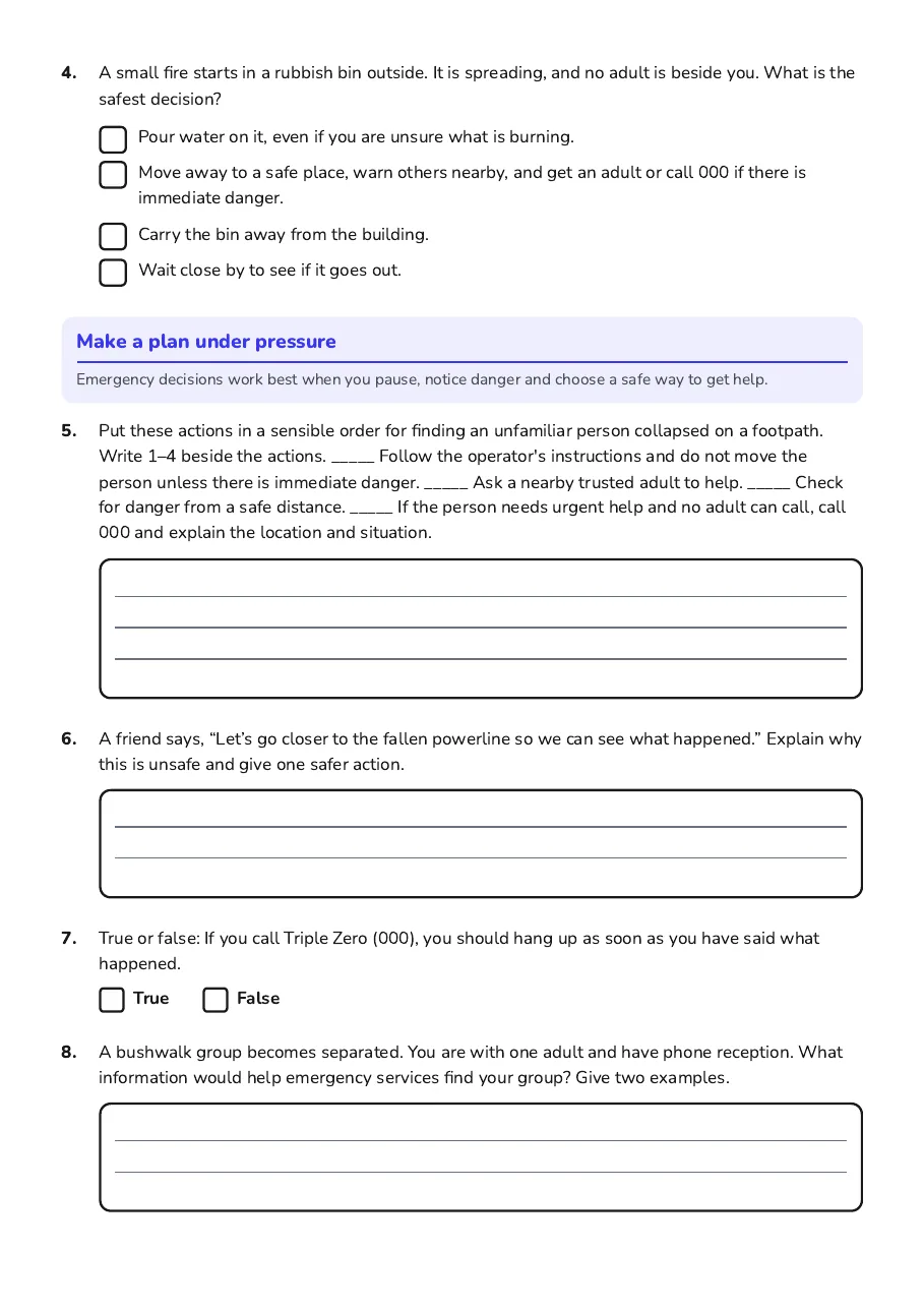 Emergency Decisions Worksheet, page 2 of 3: Make a plan under pressure