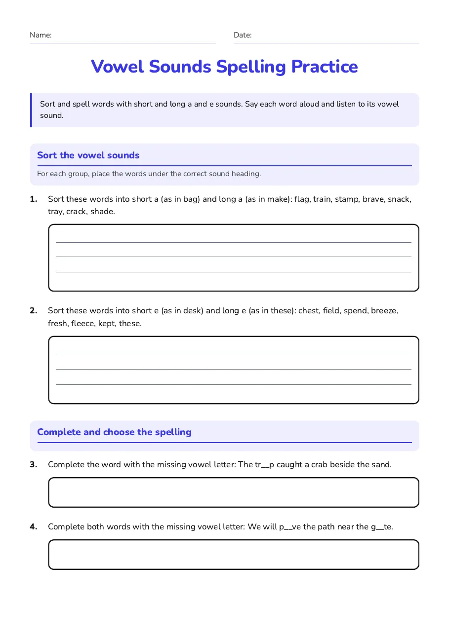 Vowel Sounds Spelling Practice, page 1 of 3: Sort the vowel sounds, Complete and choose the spelling