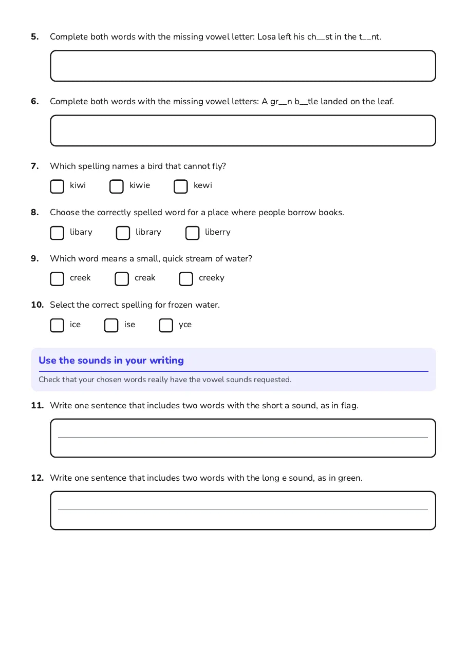 Vowel Sounds Spelling Practice, page 2 of 3: Use the sounds in your writing