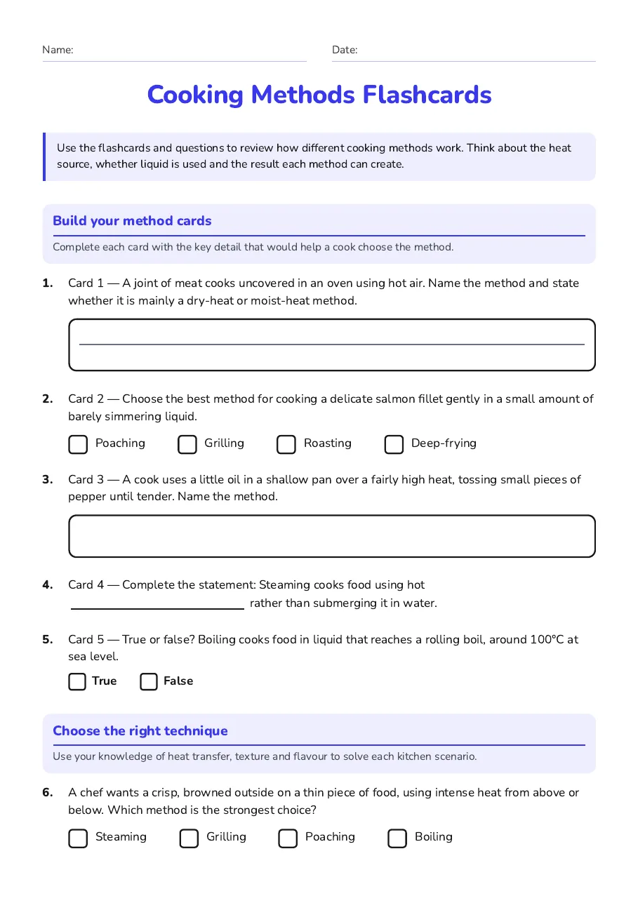 Cooking Methods Flashcards, page 1 of 2: Build your method cards, Choose the right technique