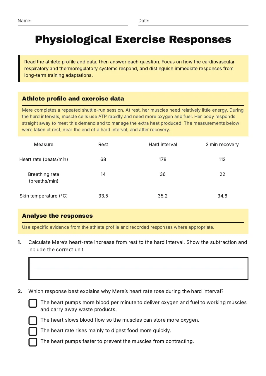 Physiological Exercise Responses, page 1 of 3: Athlete profile and exercise data, Analyse the responses
