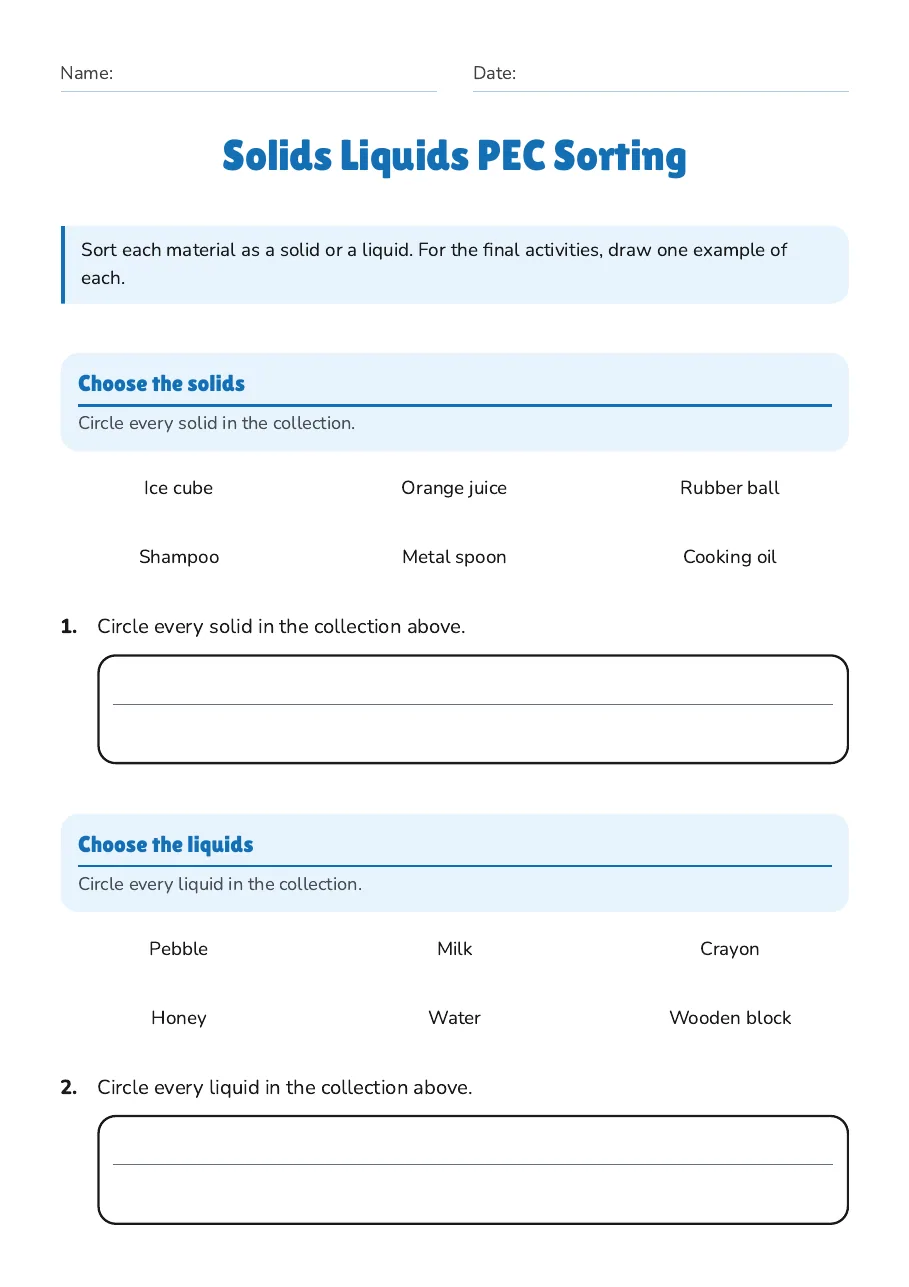Solids Liquids PEC Sorting, page 1 of 3: Choose the solids, Choose the liquids, Sort each material
