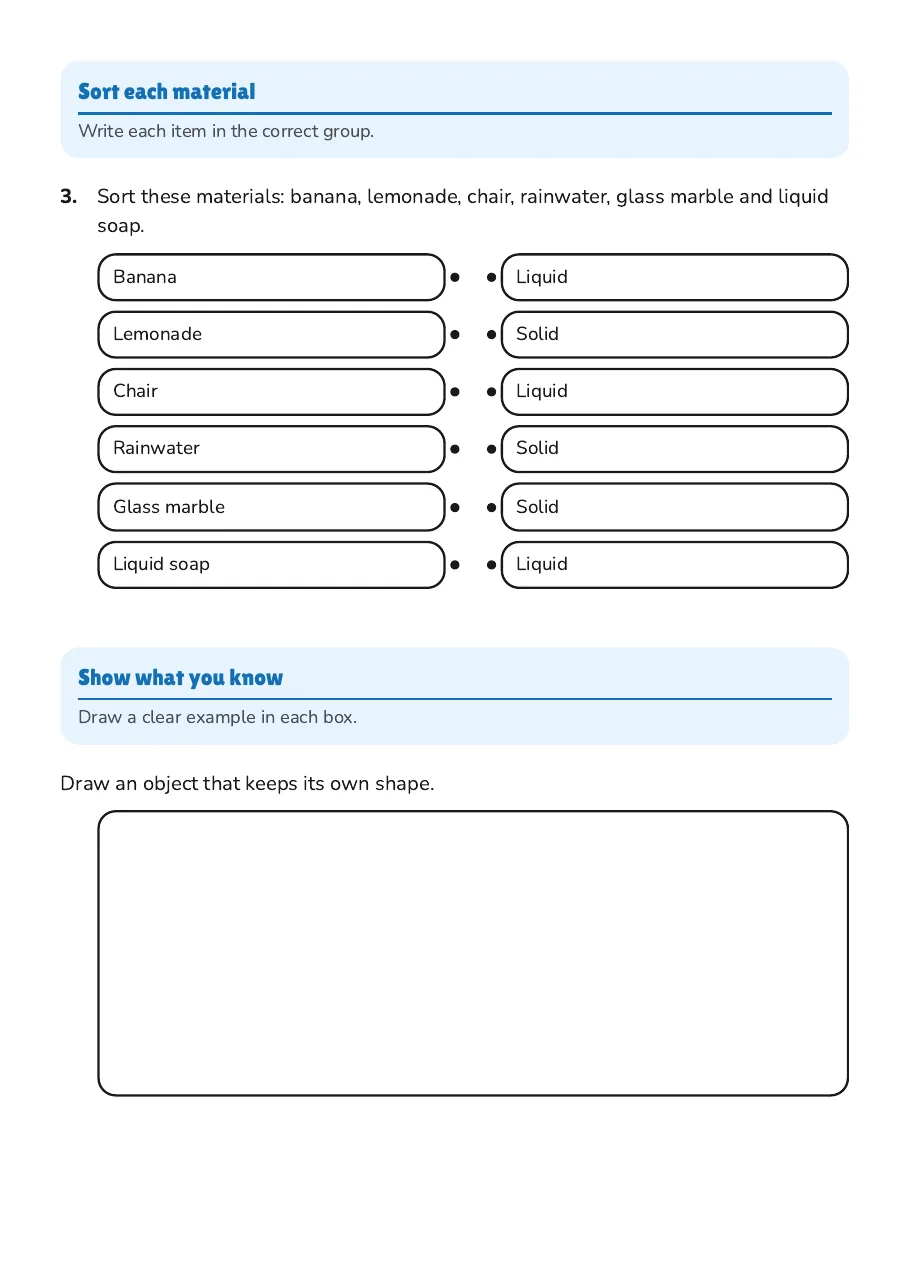 Solids Liquids PEC Sorting, page 2 of 3: Sort each material, Show what you know