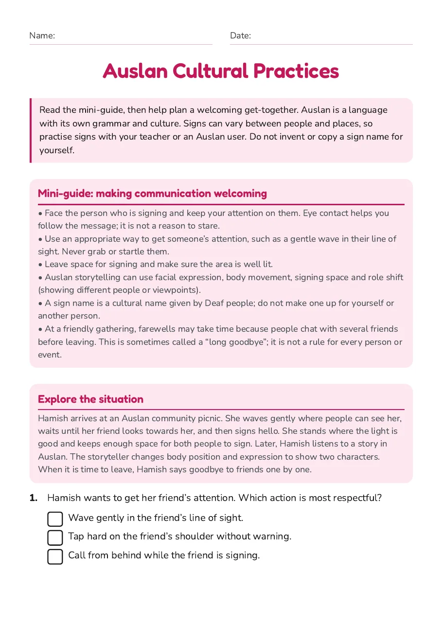 Auslan Cultural Practices, page 1 of 3: Mini-guide: making communication welcoming, Explore the situation