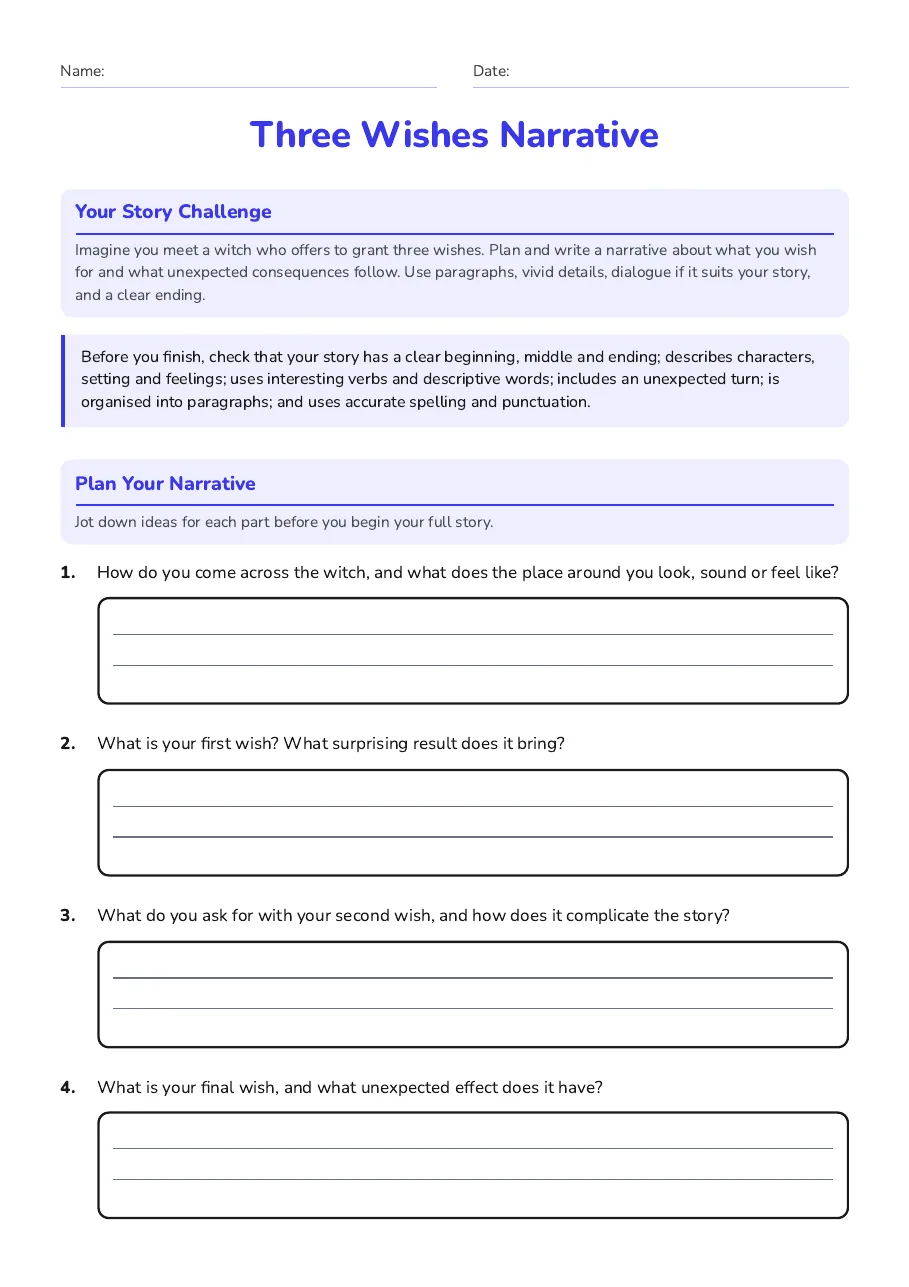 Three Wishes Narrative, page 1 of 3: Your Story Challenge, Plan Your Narrative