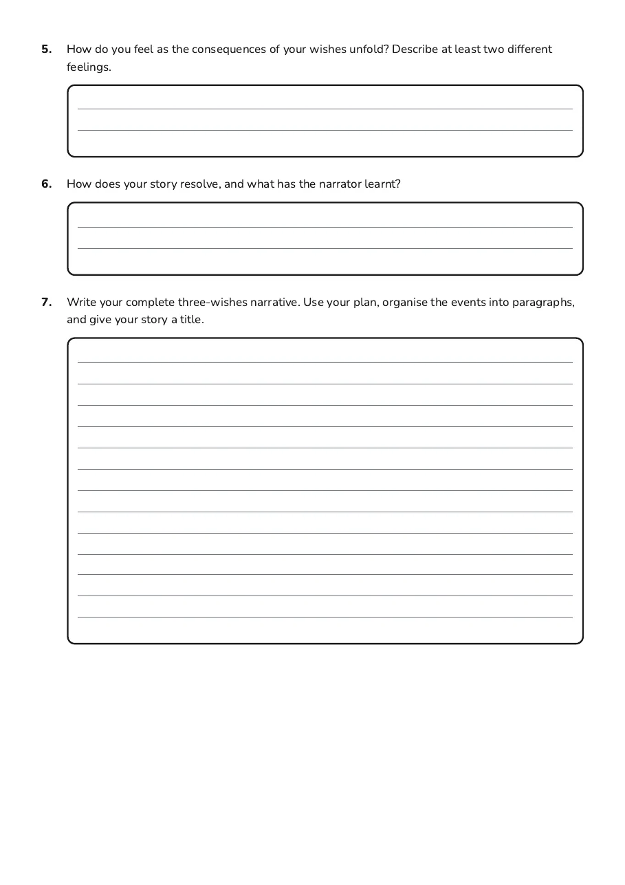 Three Wishes Narrative, page 2 of 3: 5. How do you feel as the consequences of your wishes unfold? Describe at least two…