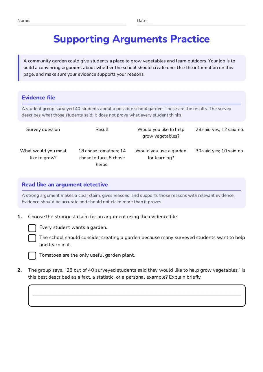 Supporting Arguments Practice, page 1 of 3: Evidence file, Read like an argument detective