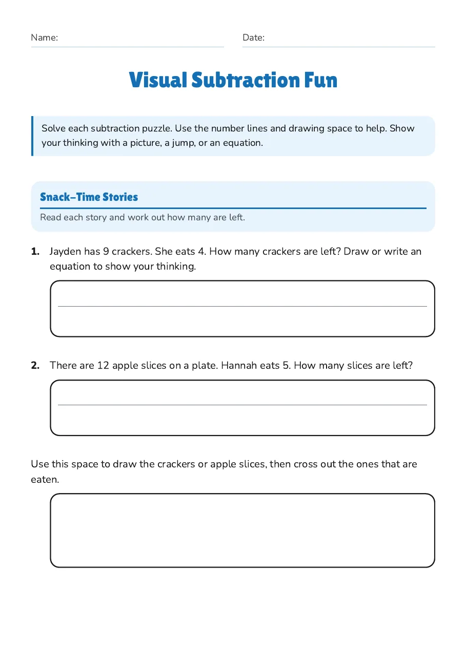 Visual Subtraction Fun, page 1 of 3: Snack-Time Stories