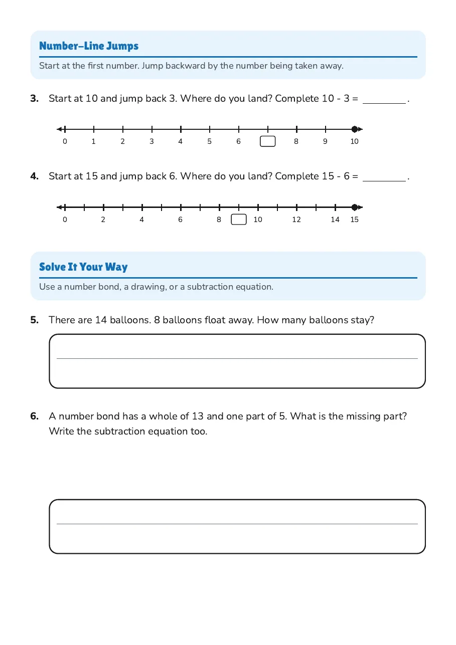 Visual Subtraction Fun, page 2 of 3: Number-Line Jumps, Solve It Your Way