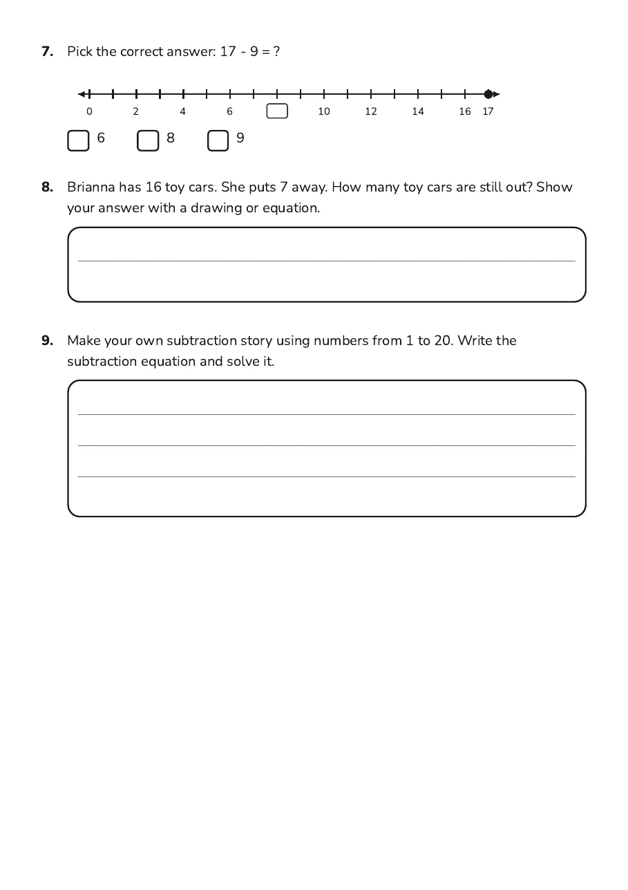 Visual Subtraction Fun, page 3 of 3: 7. Pick the correct answer: 17 - 9 = ?