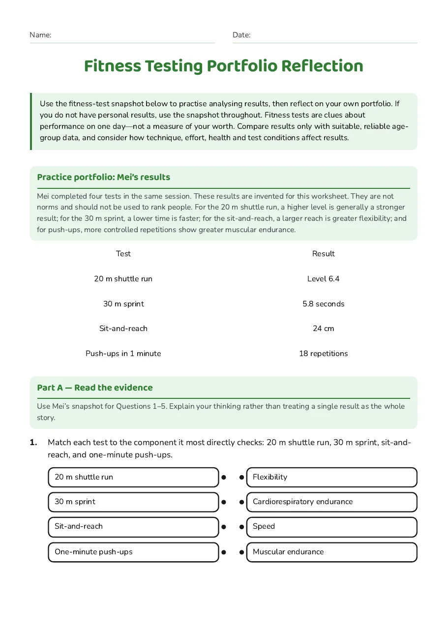 Fitness testing reflection worksheet with an illustrated school fitness circuit and Jordan’s sample results.