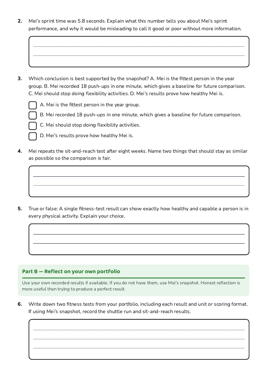 Questions on interpreting fitness-test results, fair comparisons and reflecting on a fitness portfolio.