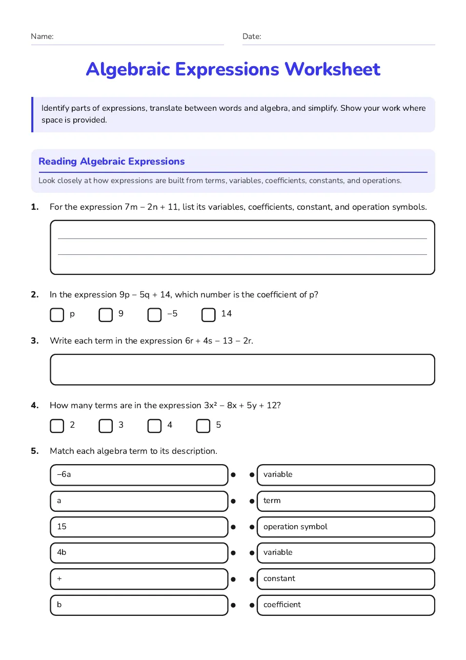 Algebraic expressions practice: identifying terms, variables, coefficients, constants, and operations.