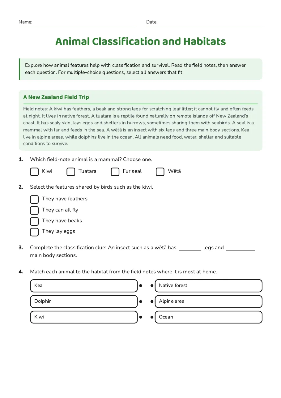 Animal Classification and Habitats, page 1 of 2: A New Zealand Field Trip