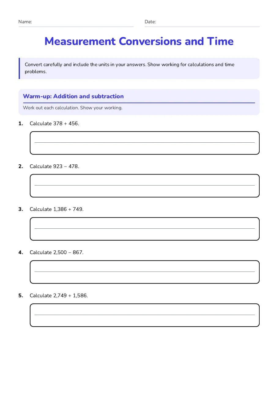 Measurement Conversions and Time, page 1 of 5: Warm-up: Addition and subtraction