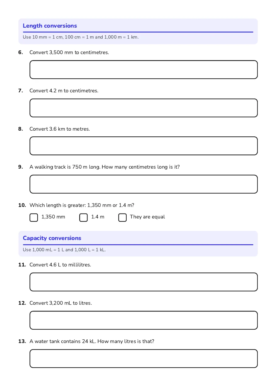 Measurement Conversions and Time, page 2 of 5: Length conversions, Capacity conversions
