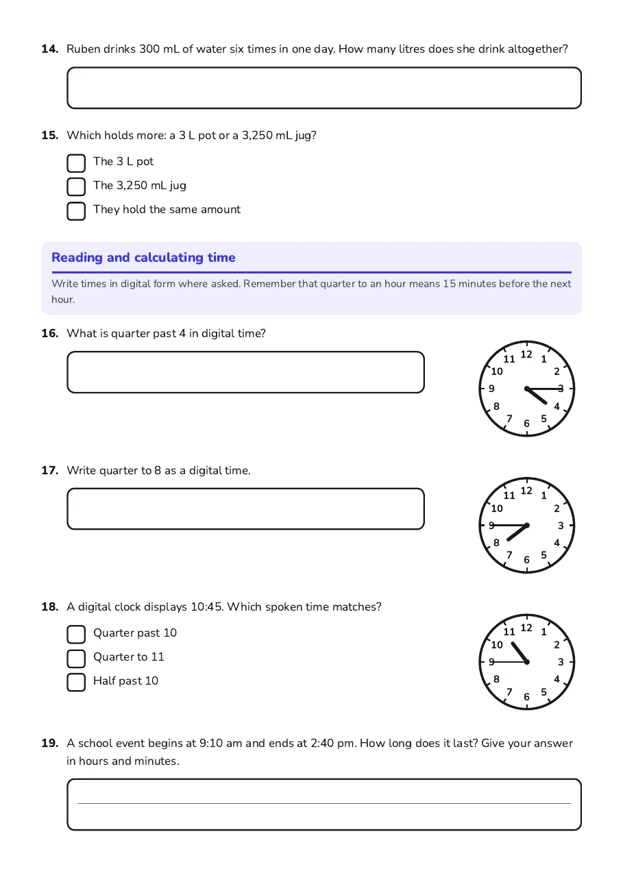 Measurement Conversions and Time, page 3 of 5: Reading and calculating time