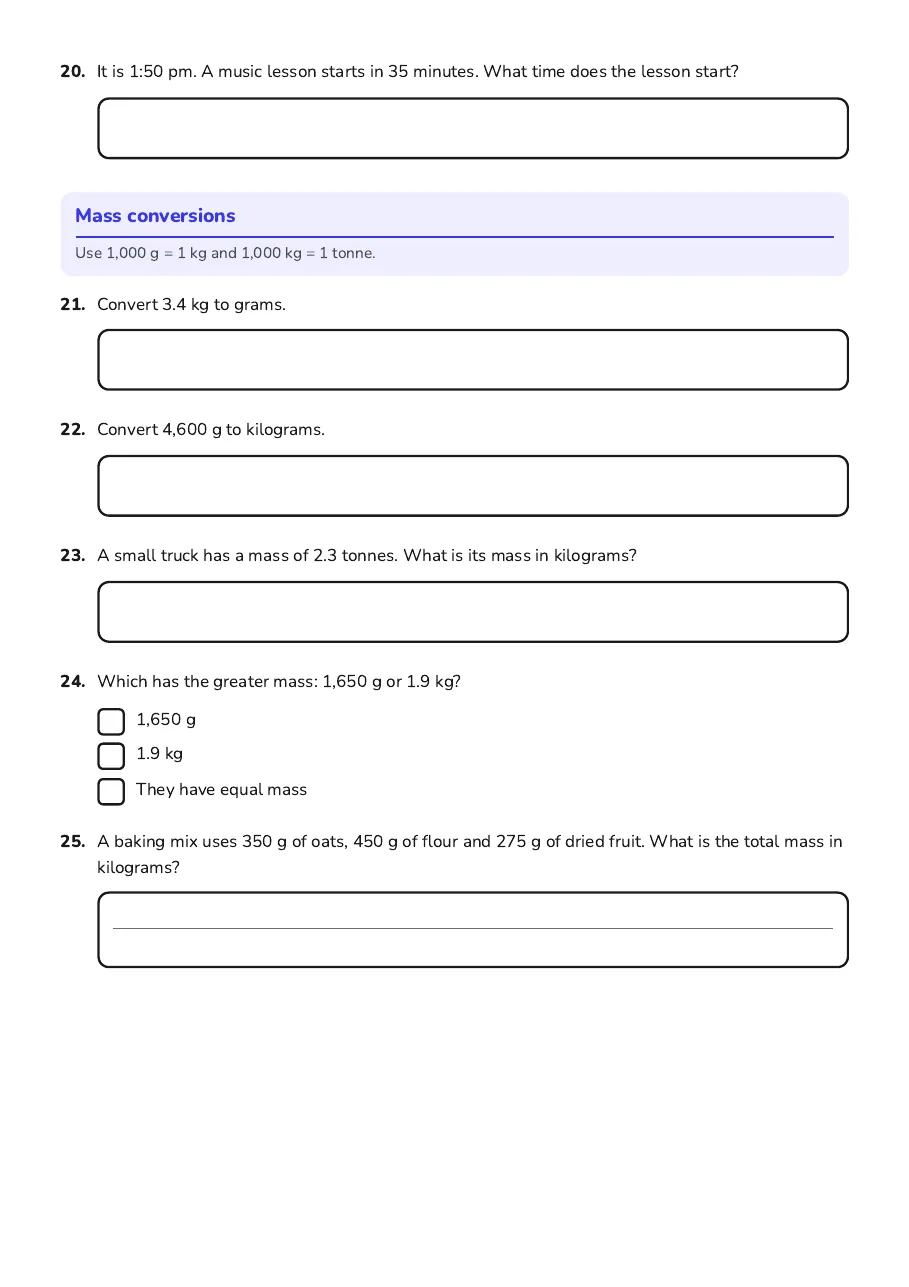 Measurement Conversions and Time, page 4 of 5: Mass conversions