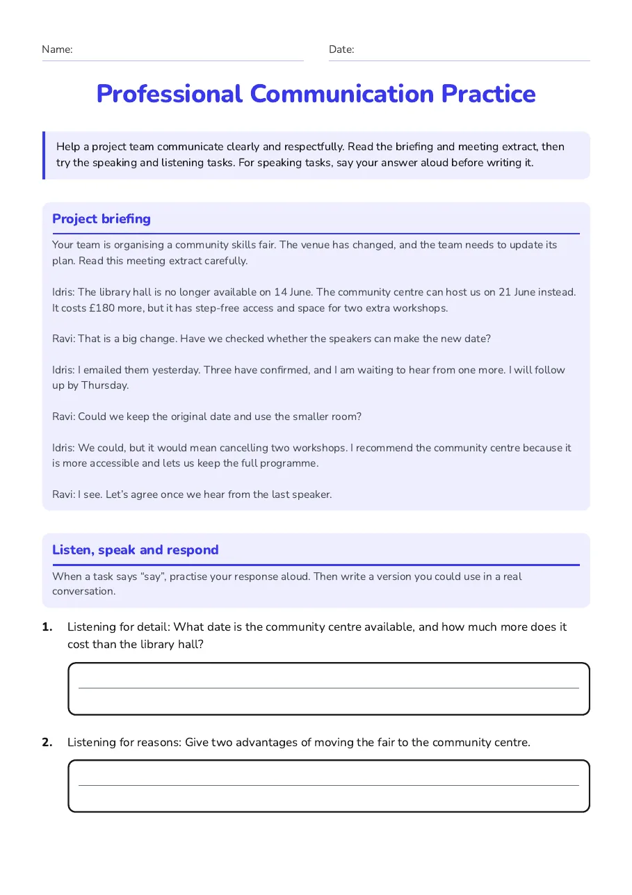 Professional Communication Practice, page 1 of 3: Project briefing, Listen, speak and respond