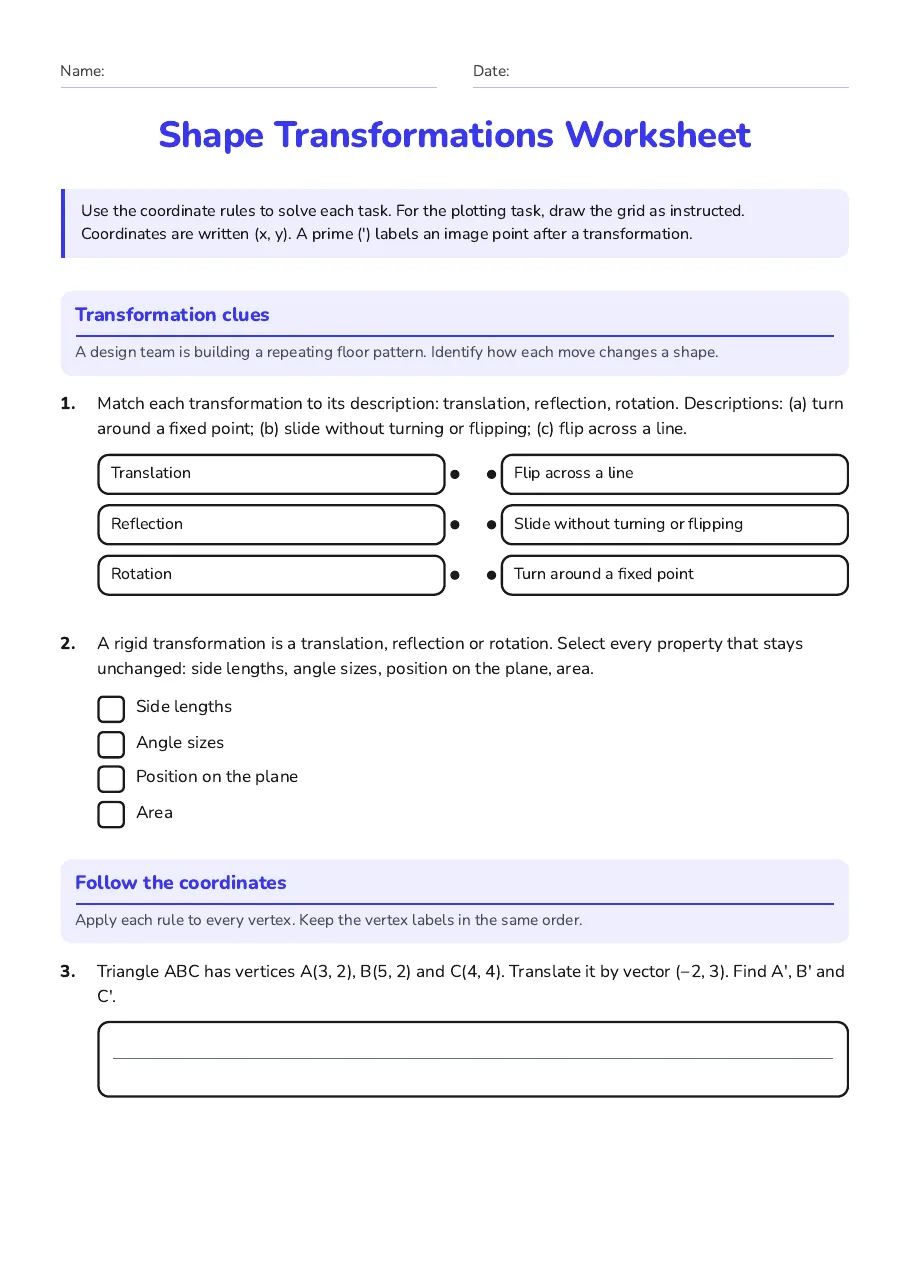Shape Transformations Worksheet, page 1 of 3: Transformation clues, Follow the coordinates