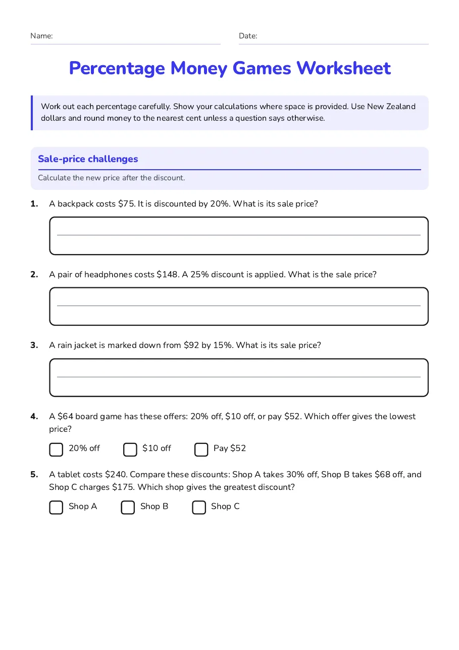 Percentage Money Games Worksheet, page 1 of 3: Sale-price challenges