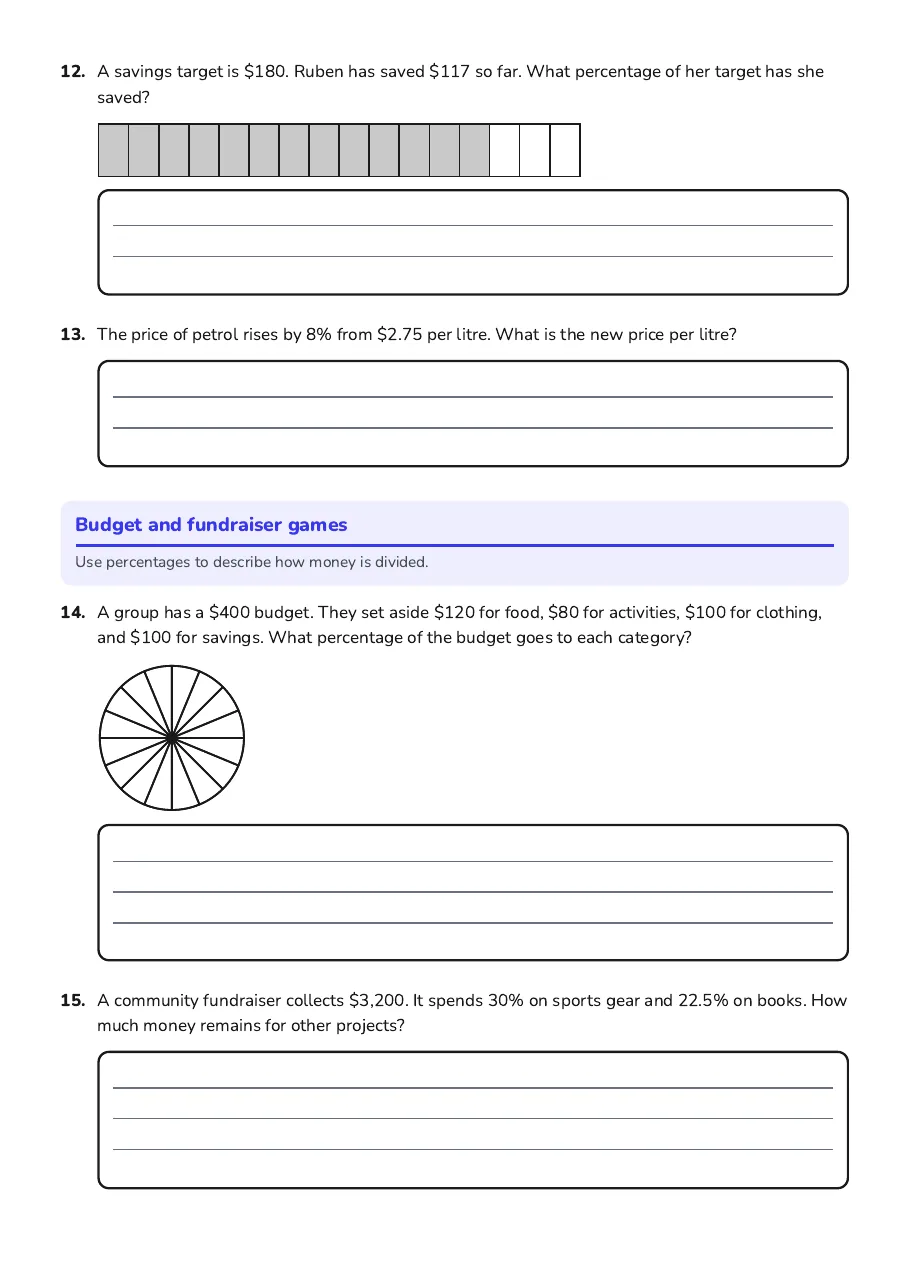 Percentage Money Games Worksheet, page 3 of 3: Budget and fundraiser games