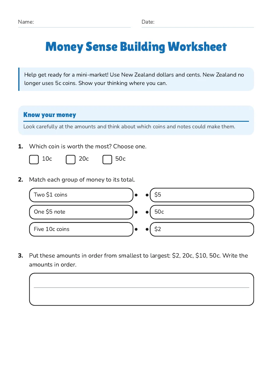 Money Sense Building Worksheet, page 1 of 3: Know your money