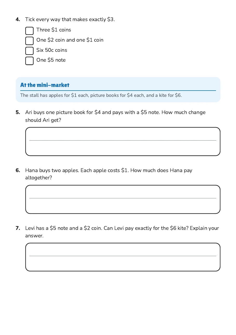 Money Sense Building Worksheet, page 2 of 3: At the mini-market