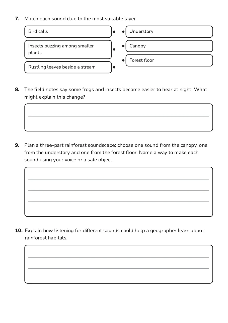 Rainforest Sounds Exploration, page 3 of 3: 7. Match each sound clue to the most suitable layer.