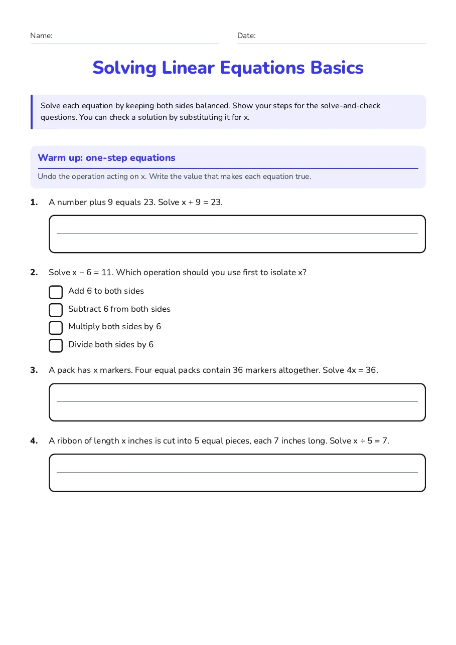 Solving Linear Equations Basics, page 1 of 2: Warm up: one-step equations