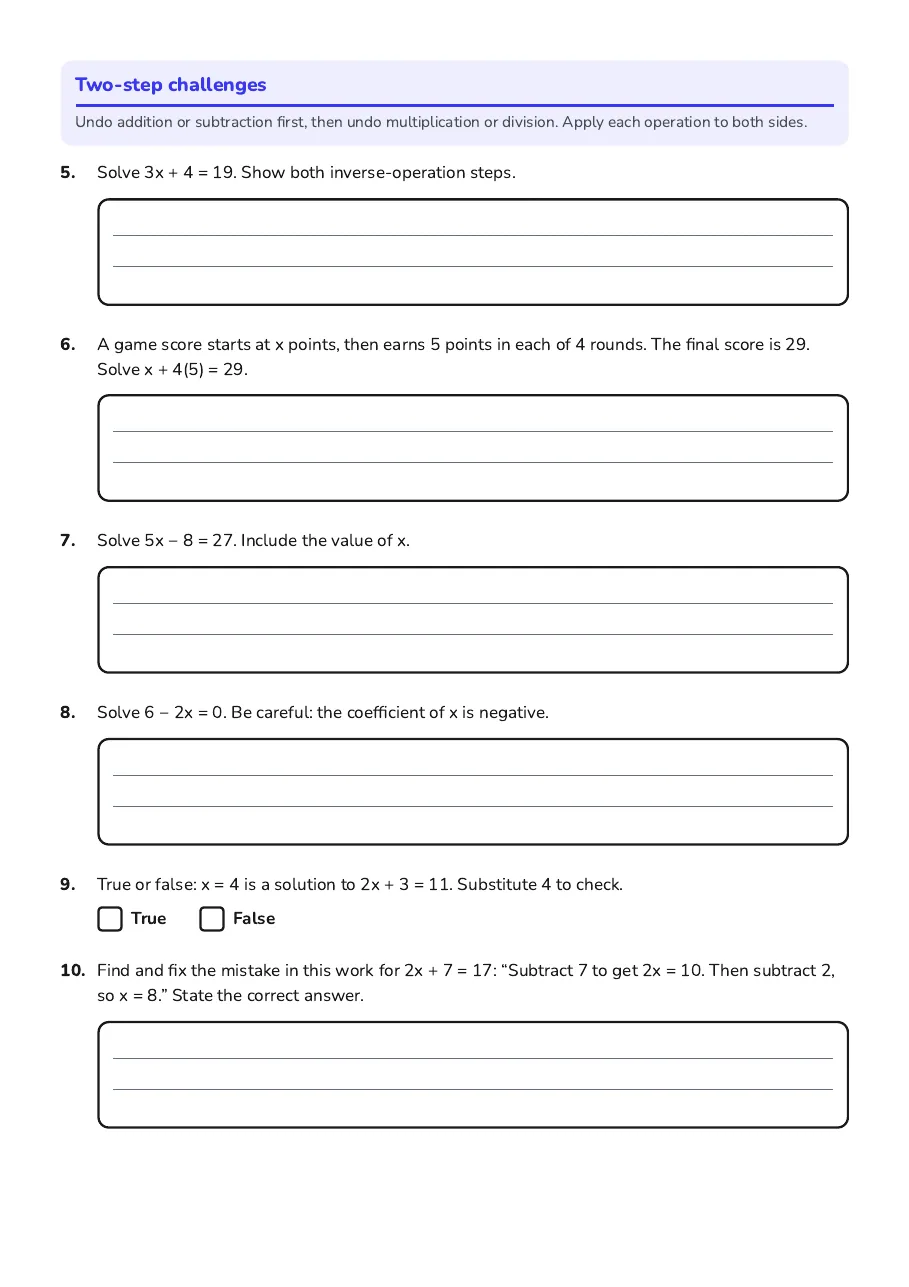 Solving Linear Equations Basics, page 2 of 2: Two-step challenges