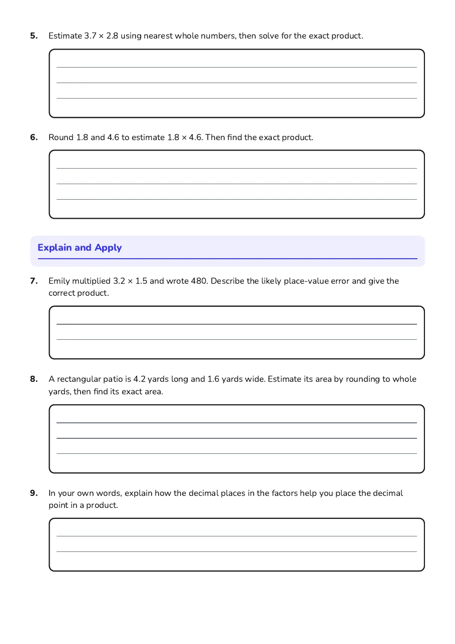 Decimal Multiplication Practice, page 2 of 2: Explain and Apply