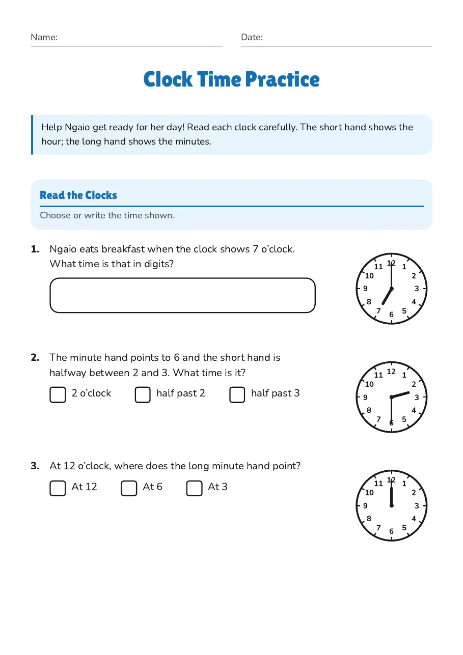 Clock Time Practice, page 1 of 4: Read the Clocks