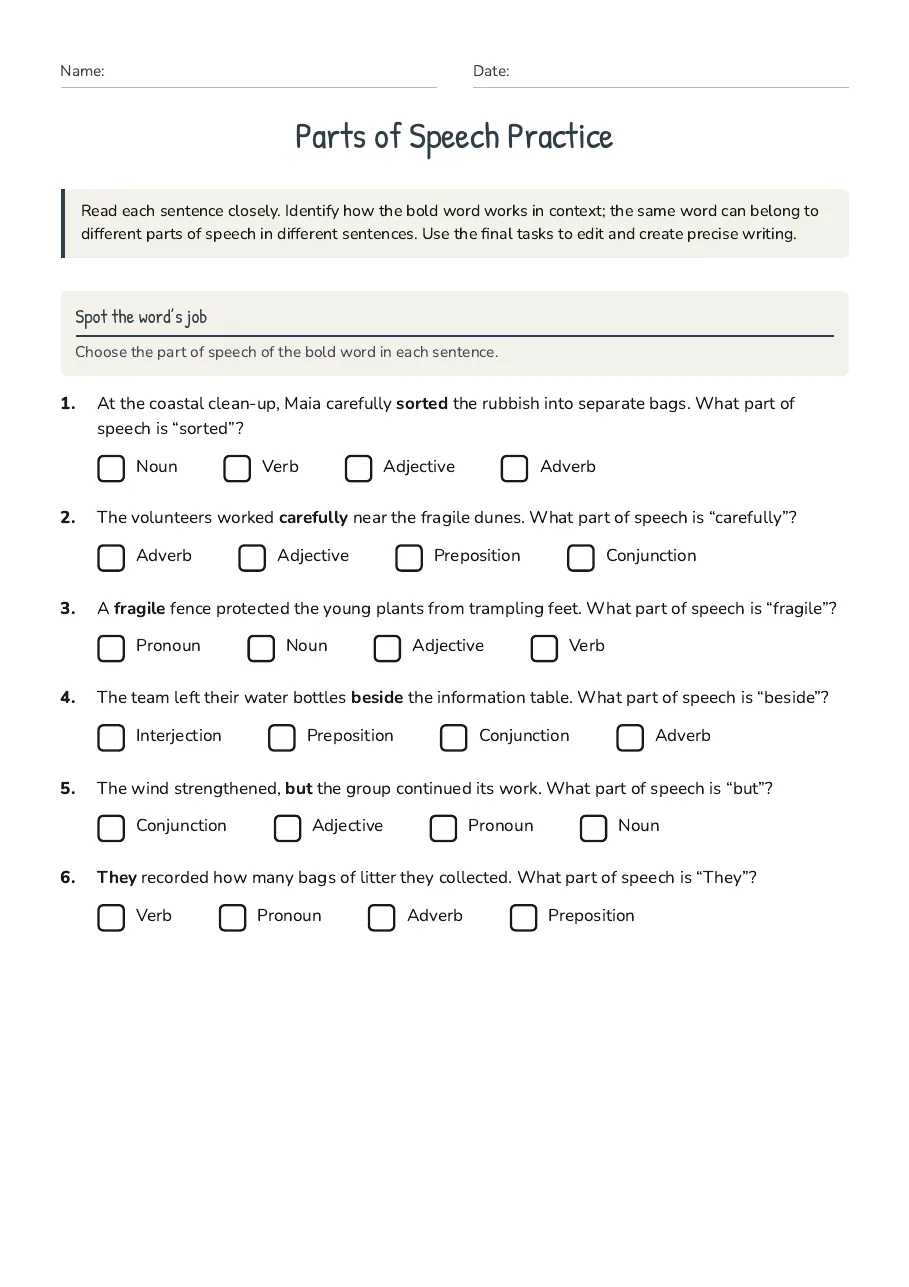 Parts of Speech Practice, page 1 of 2: Spot the word’s job