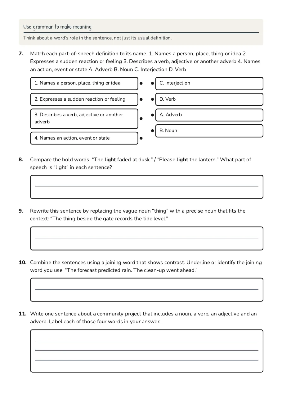 Parts of Speech Practice, page 2 of 2: Use grammar to make meaning