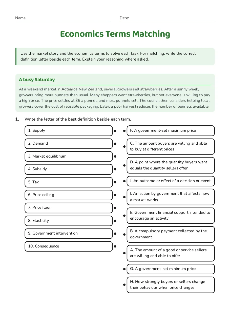 Economics Terms Matching, page 1 of 3: A busy Saturday