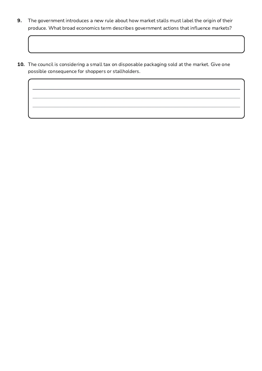 Economics Terms Matching, page 3 of 3: 9. The government introduces a new rule about how market stalls must label the origin of…