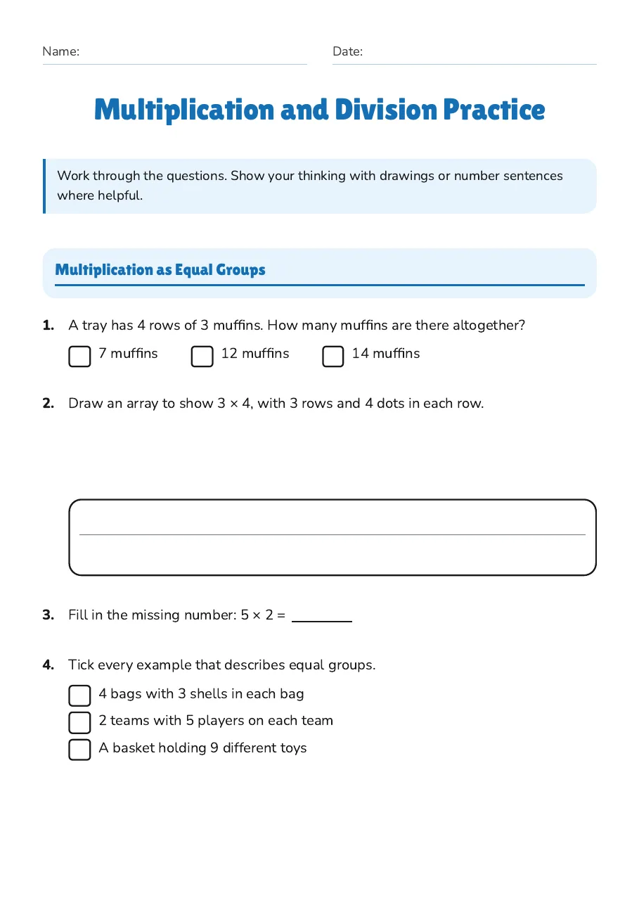 Multiplication and Division Practice, page 1 of 3: Multiplication as Equal Groups