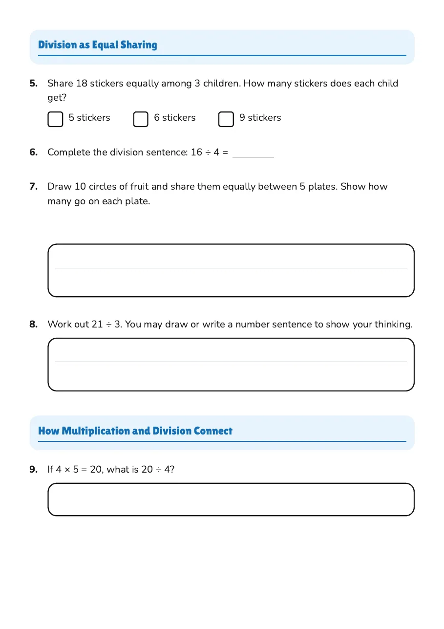 Multiplication and Division Practice, page 2 of 3: Division as Equal Sharing, How Multiplication and Division Connect