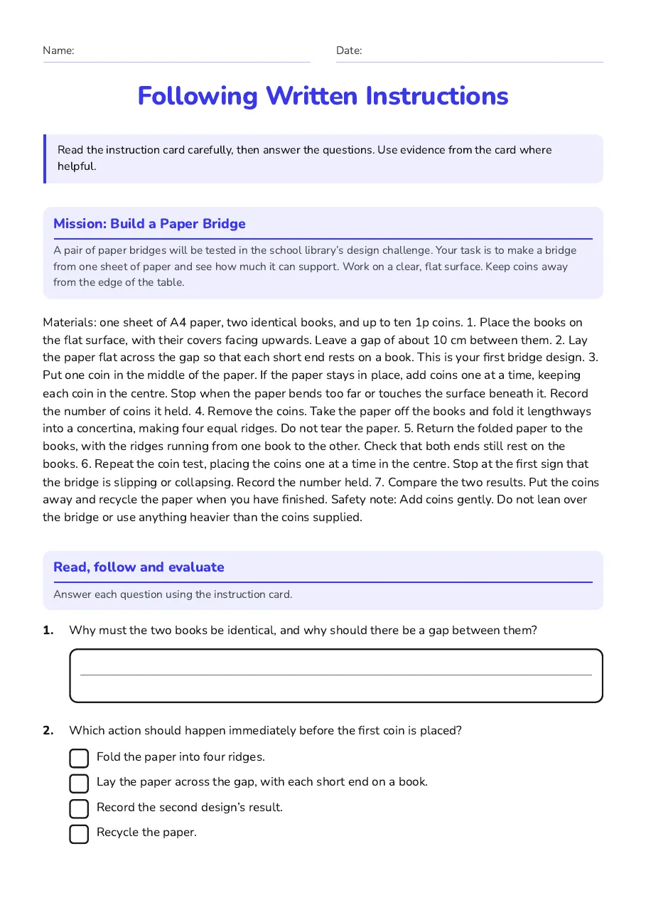 Following Written Instructions, page 1 of 3: Mission: Build a Paper Bridge, Read, follow and evaluate