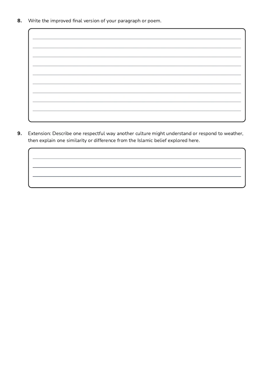 Revision checklist, final-copy writing space and respectful comparison extension.