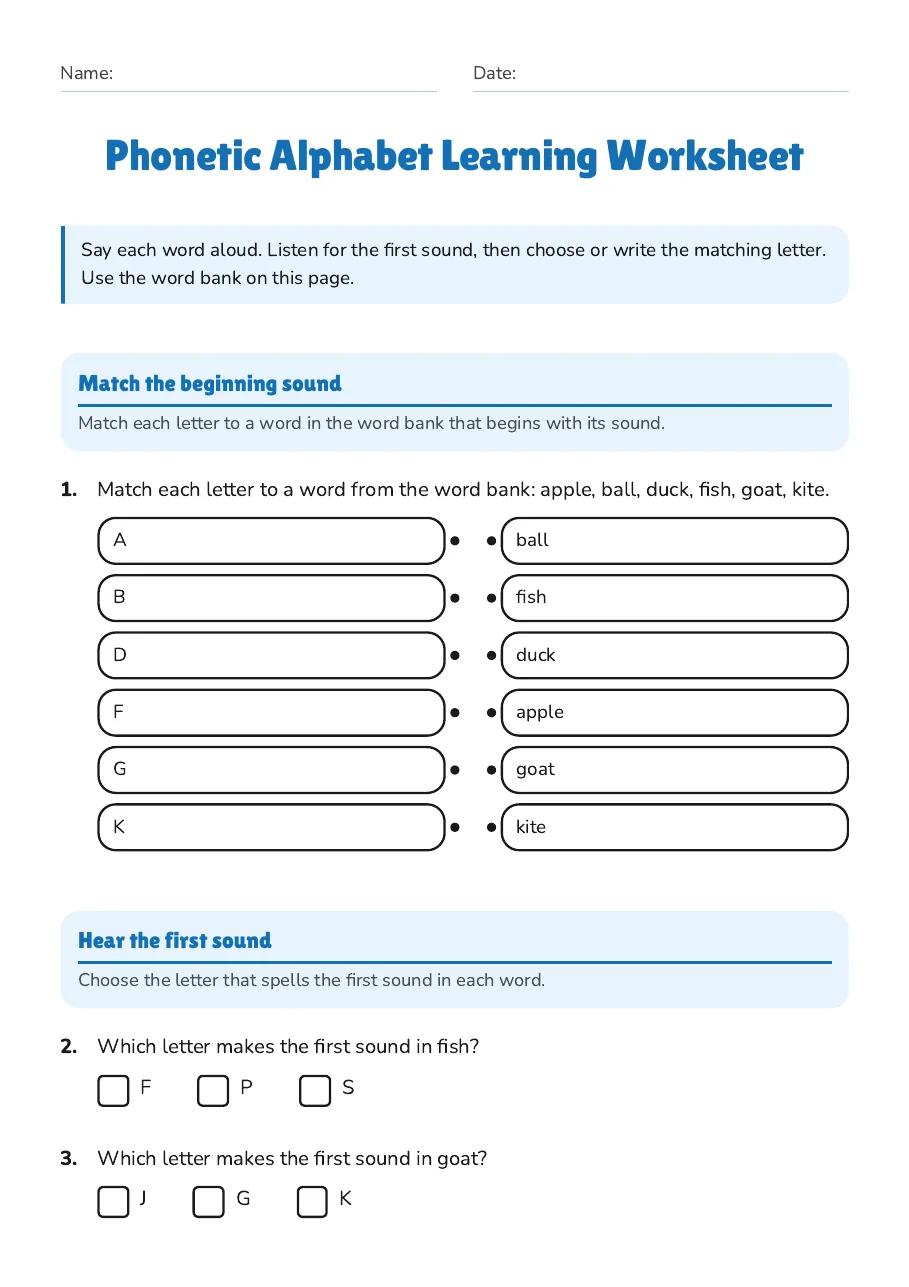 Phonetic Alphabet Learning Worksheet, page 1 of 3: Match the beginning sound, Hear the first sound