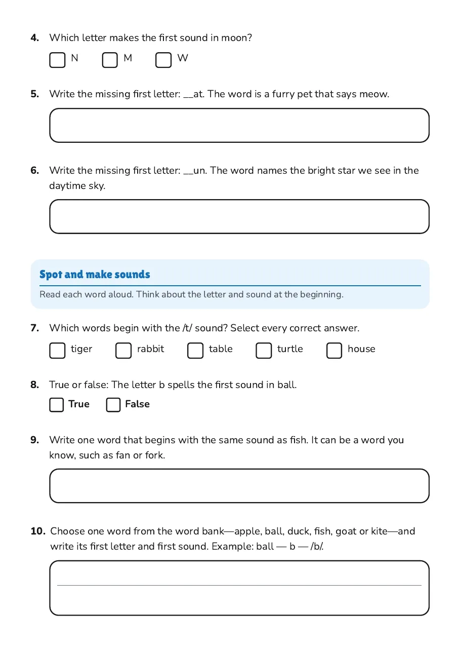 Phonetic Alphabet Learning Worksheet, page 2 of 3: Spot and make sounds