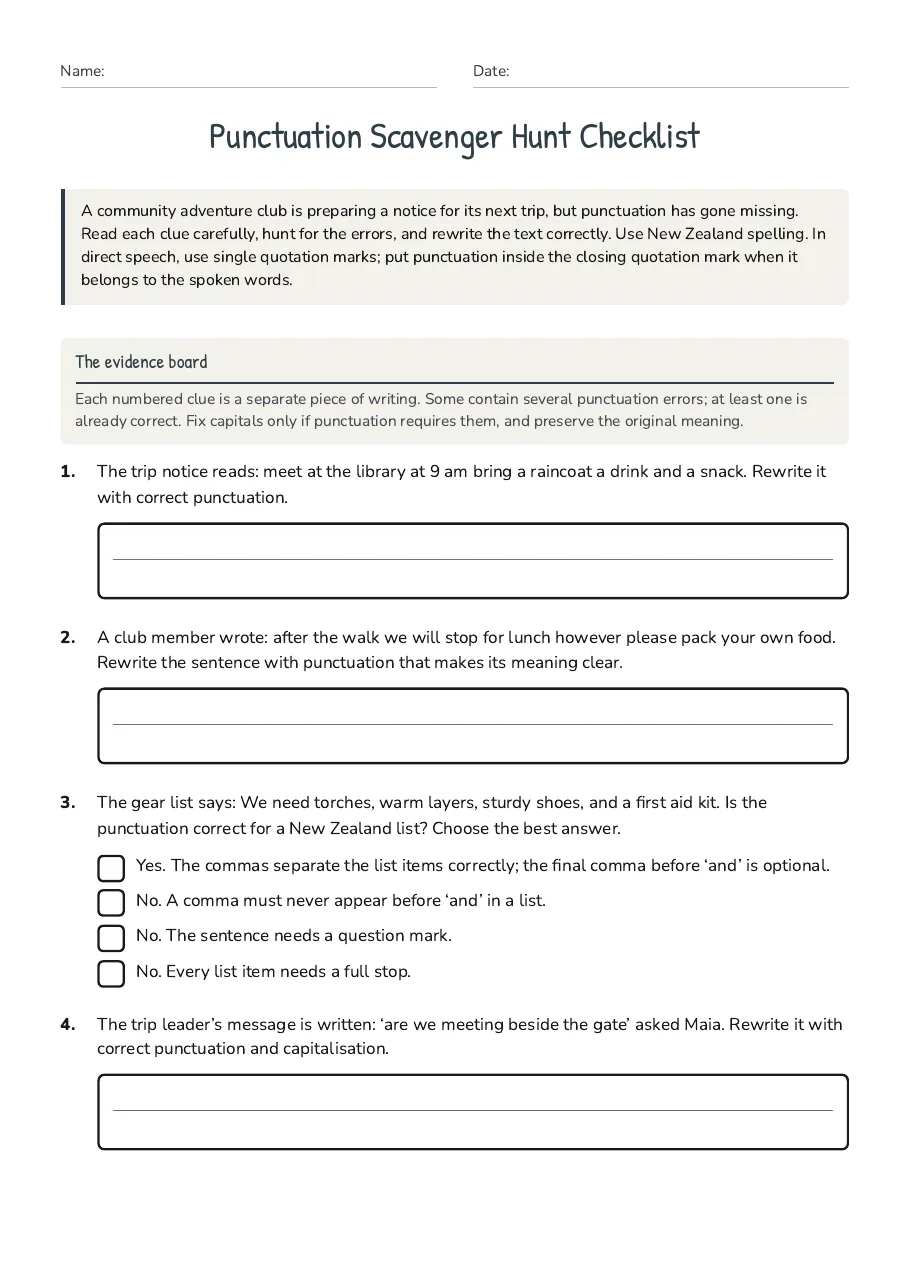 Punctuation Scavenger Hunt Checklist, page 1 of 2: The evidence board