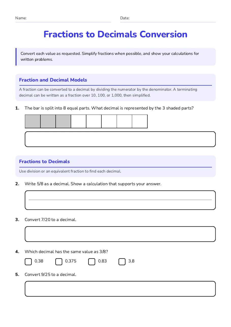 Fractions to Decimals Conversion, page 1 of 3: Fraction and Decimal Models, Fractions to Decimals