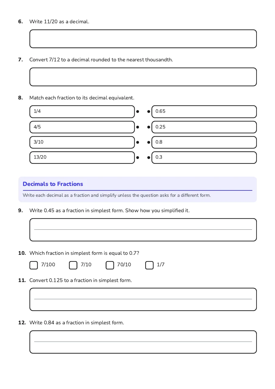 Fractions to Decimals Conversion, page 2 of 3: Decimals to Fractions