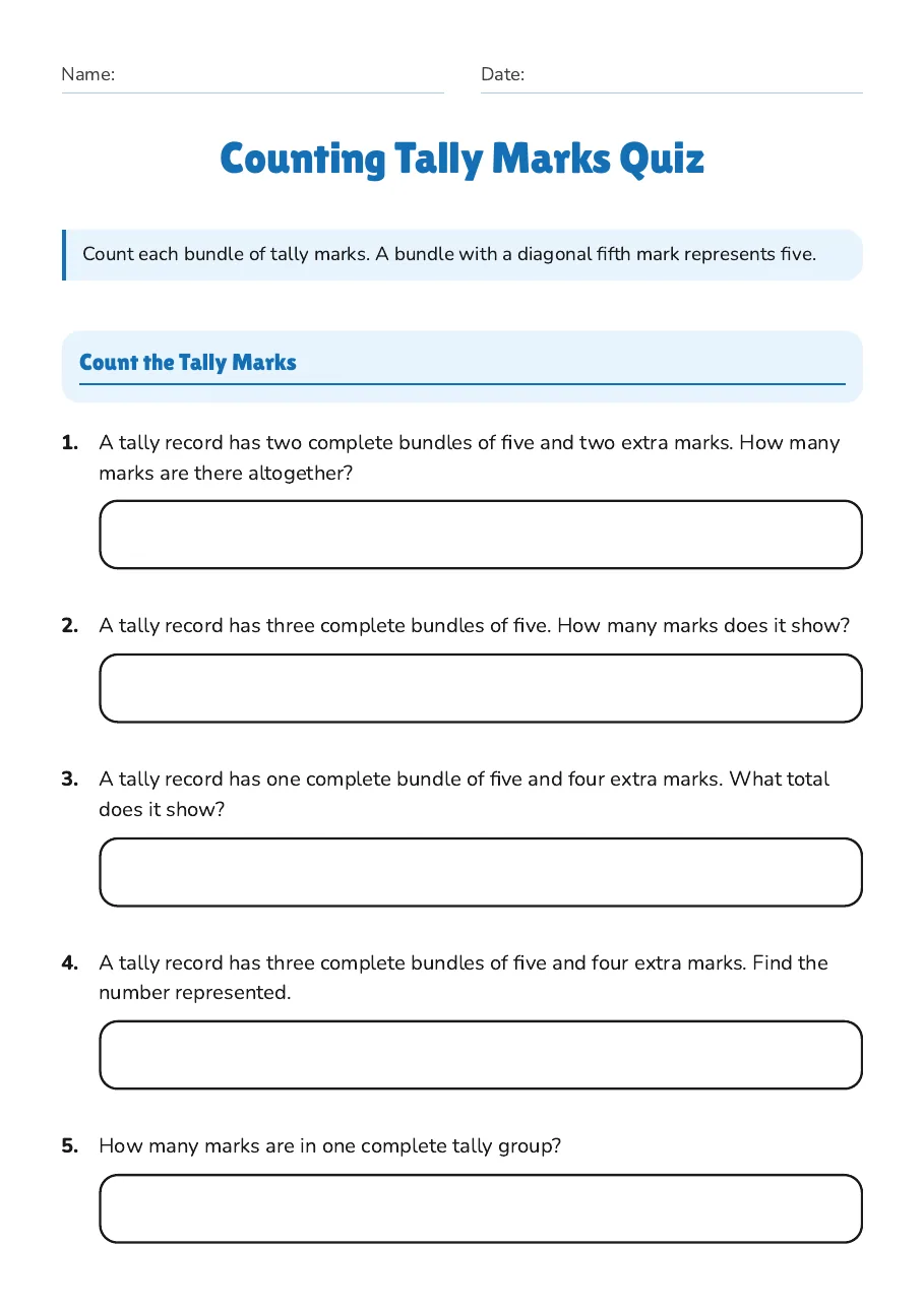 Counting Tally Marks Quiz, page 1 of 3: Count the Tally Marks