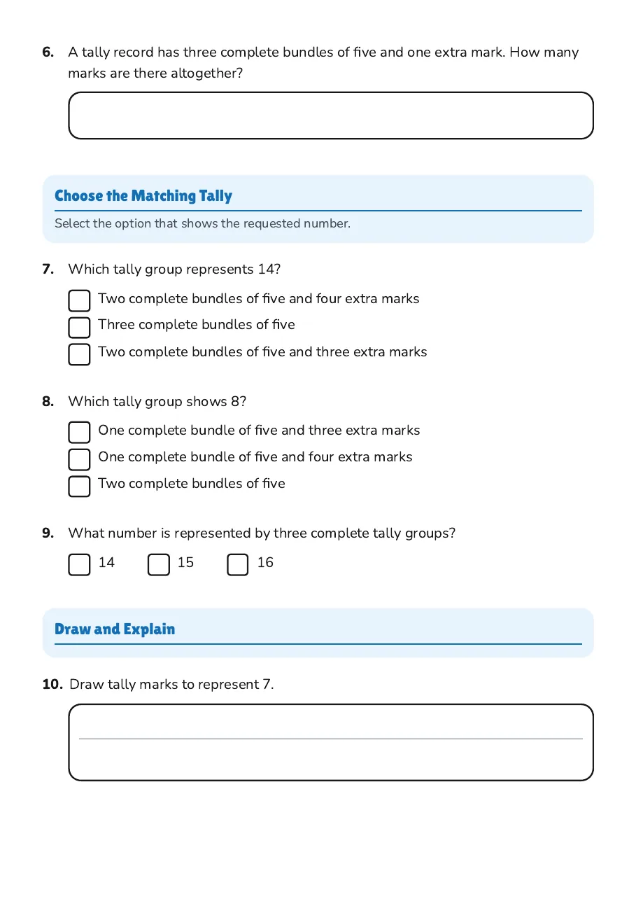 Counting Tally Marks Quiz, page 2 of 3: Choose the Matching Tally, Draw and Explain