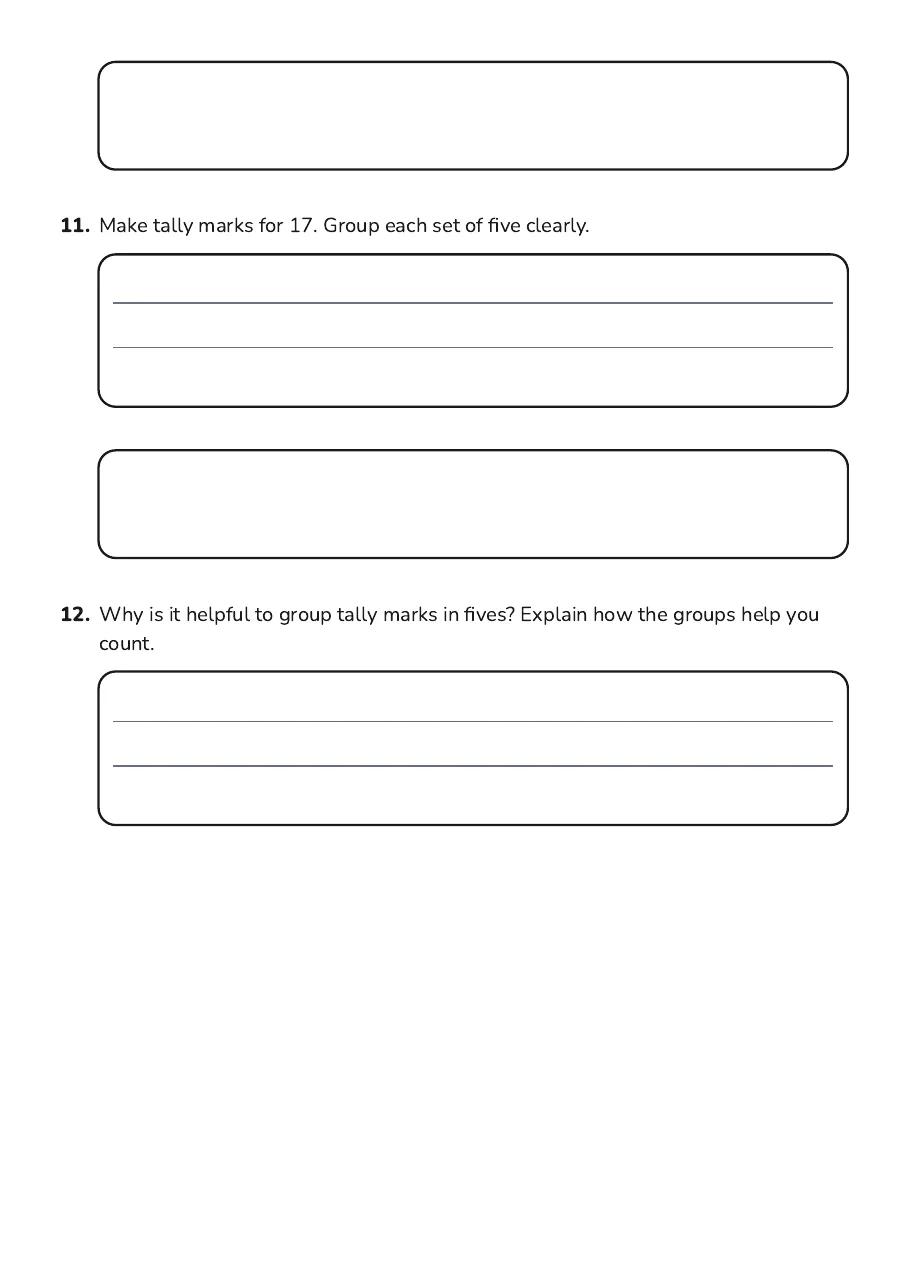 Counting Tally Marks Quiz, page 3 of 3: 11. Make tally marks for 17. Group each set of five clearly.