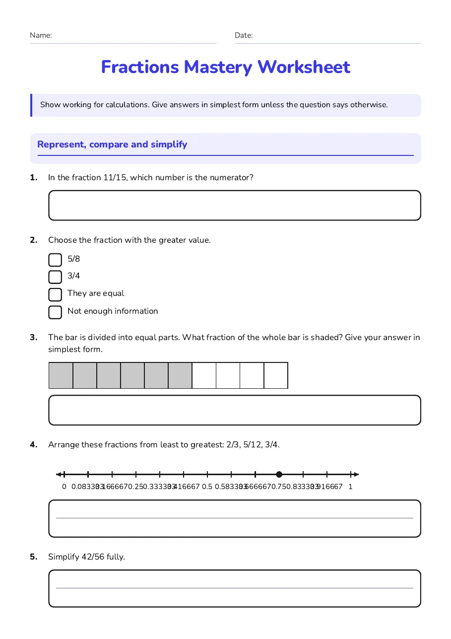 Fractions Mastery Worksheet, page 1 of 3: Represent, compare and simplify
